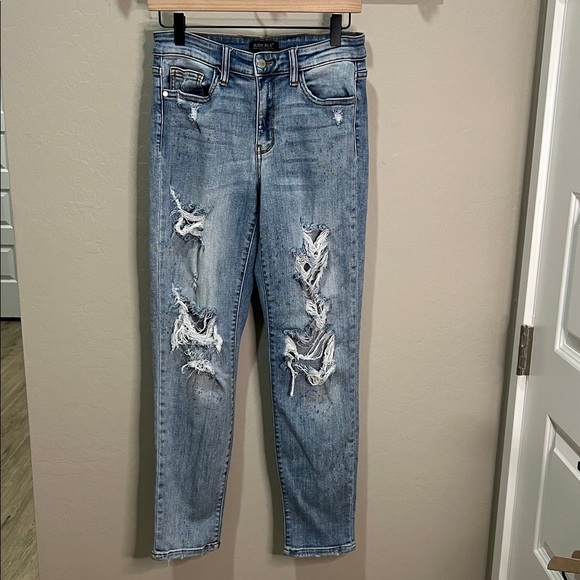 Judy Blue Lucky Charms Paint Splatter Boyfriend Distressed Jeans Vintage Slim - Picture 1 of 15